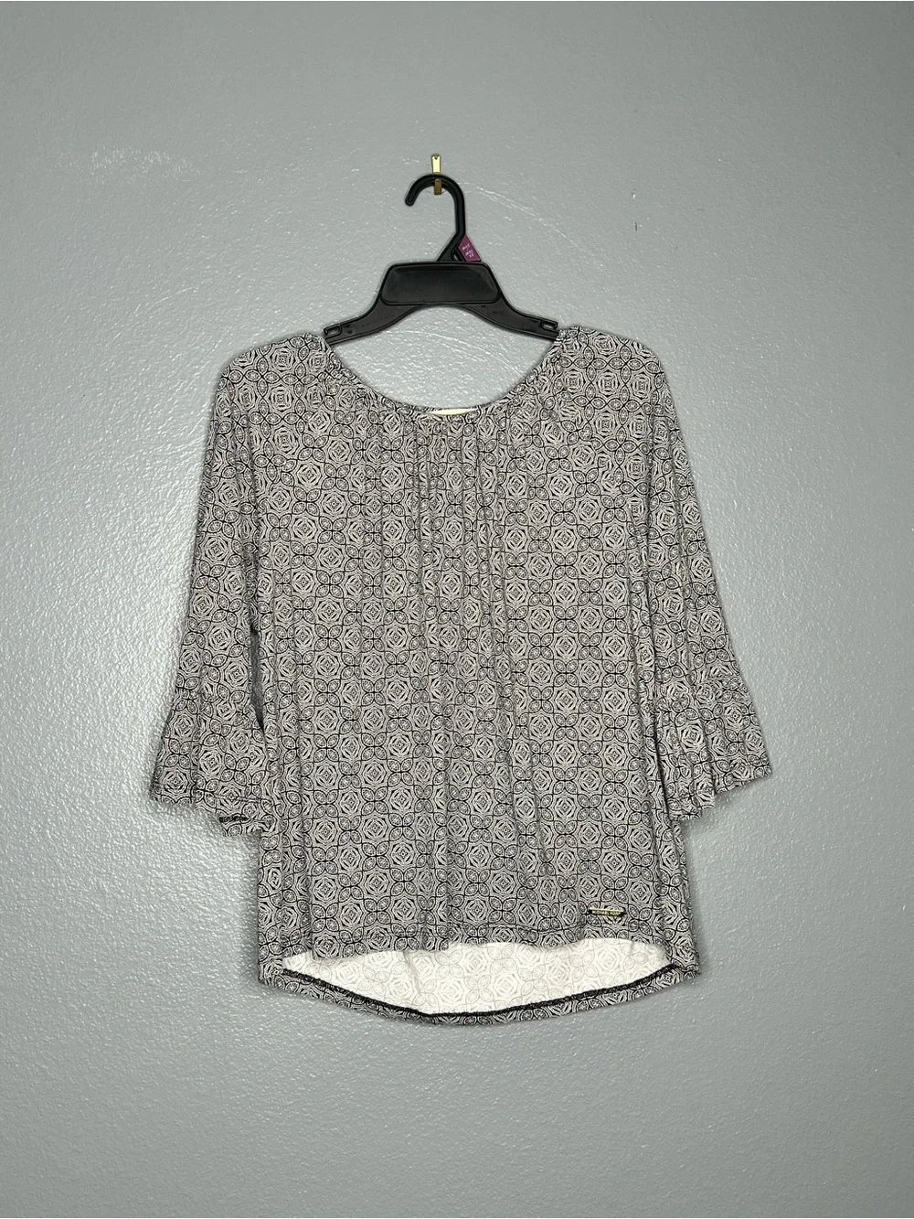 Michael Kors Cotton Modal Black & White Geometric Bell-Sleeve Blouse size Large